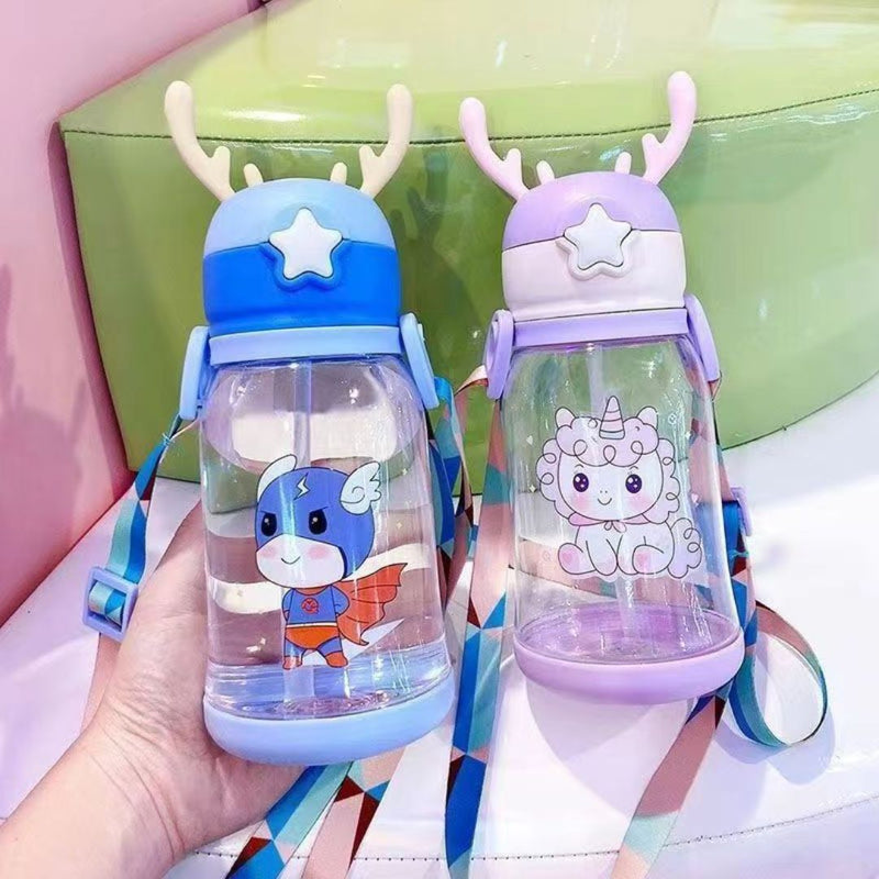 Pink kids water bottle with star button and unicorn print | Cupindy