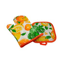 Citrus-themed oven mitt and pot holder set with orange, lemon, and lime print for kitchen use
