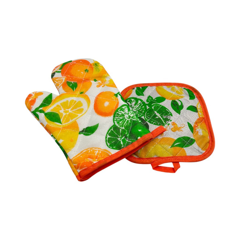 Citrus-themed oven mitt and pot holder set with orange, lemon, and lime print for kitchen use