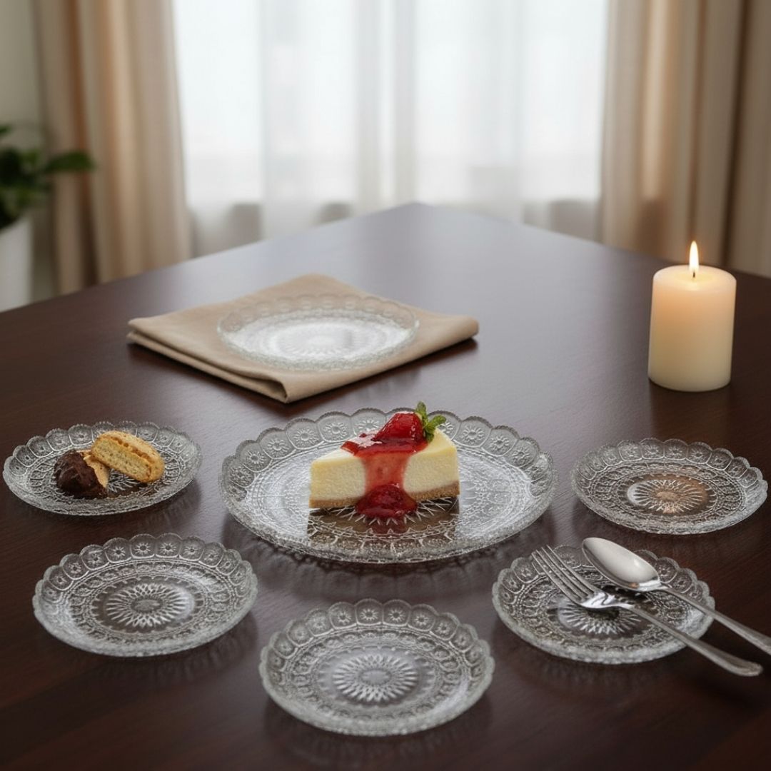 City Glass Bohemia 7-Pcs Serving Set - Crystal-Look Dessert Plates & Tray
