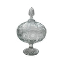 Clear glass candy dish with intricate cut patterns on a white background