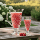Clear pitcher and glass filled with red strawberry juice on a wooden table outdoors.
