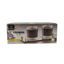 Box of coffee glasses with 'Colombia' branding on a white background