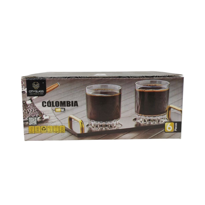 Box of coffee glasses with 'Colombia' branding on a white background