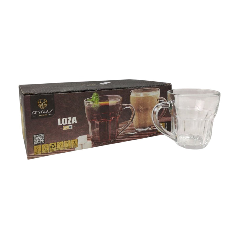 Clear glass mug with a box labeled 'LOZA' on a white background