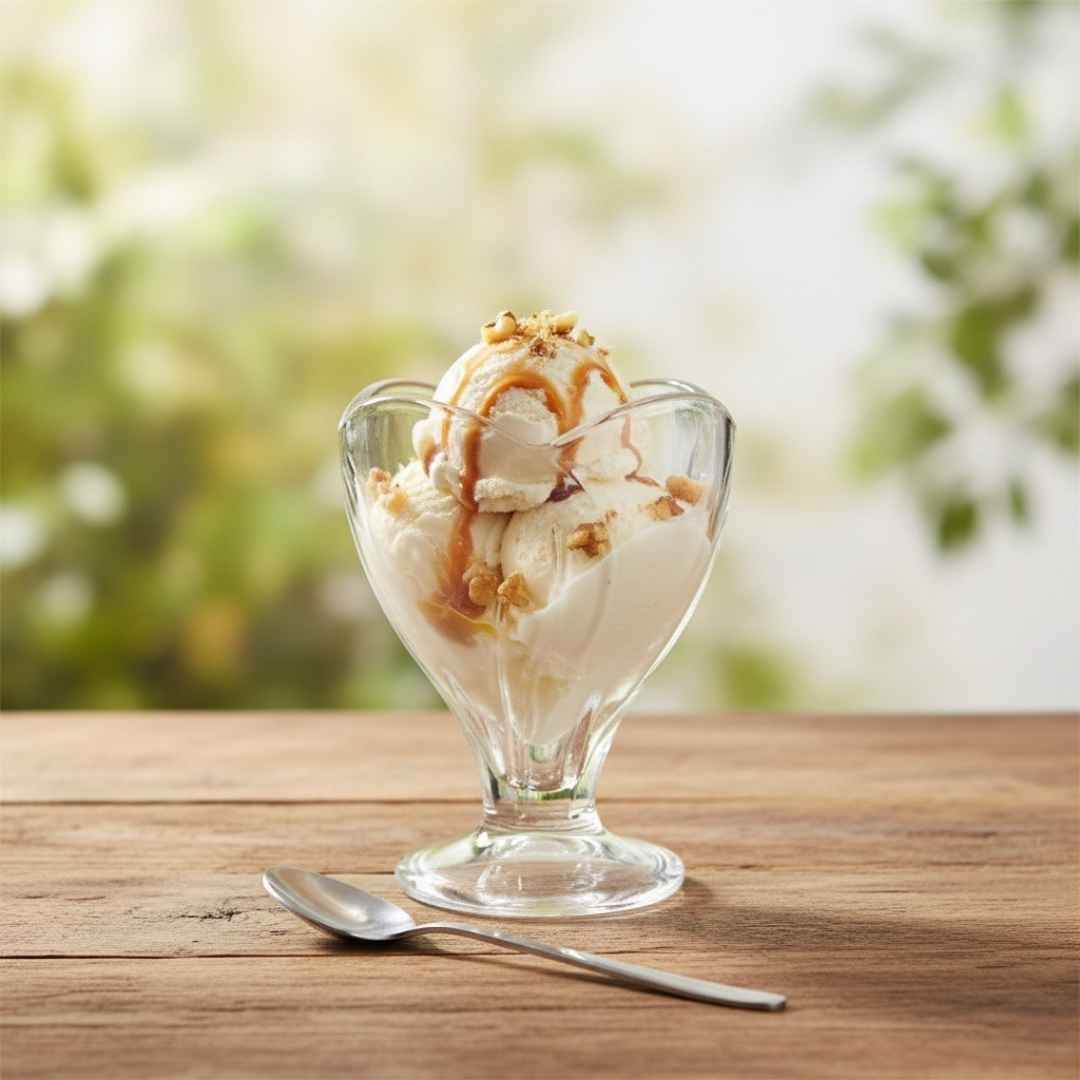 Glass dish with ice cream and caramel sauce on a wooden table with a blurred natural background