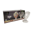 Set of glass ice cream bowls with a branded box on a white background