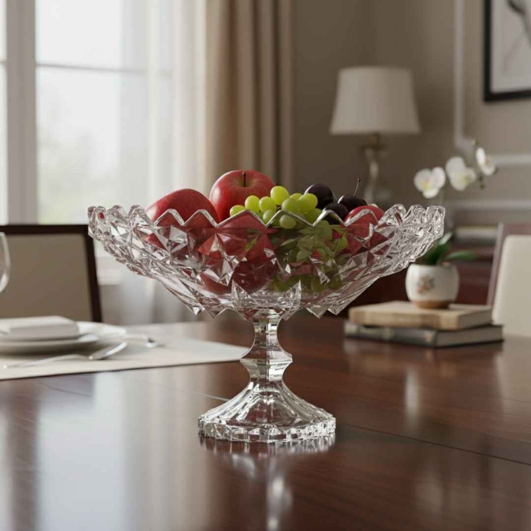 Clear glass fruit bowl with fruits on a wooden table in a room setting.