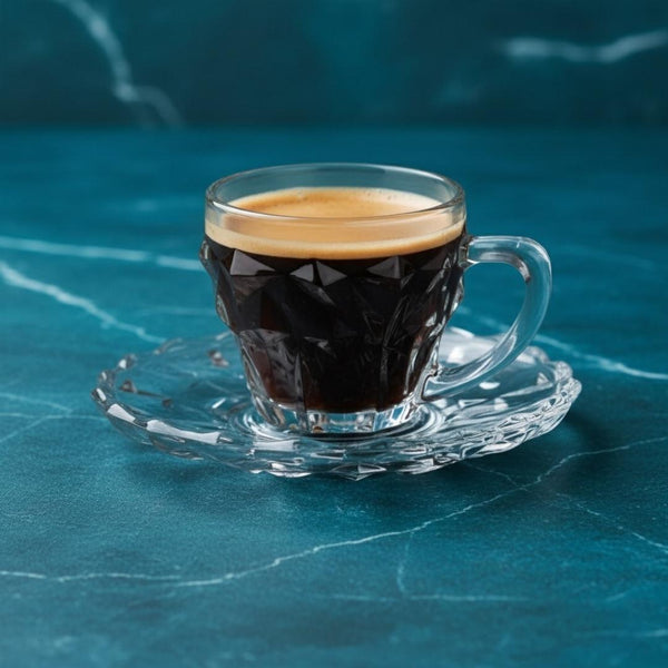 Clear glass cup with espresso on a blue marble surface