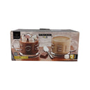 Box of Salvador glass mugs with coffee-themed design on a white background