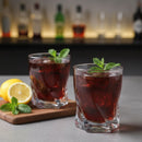 Two glasses of red cocktails with lemon slices and mint leaves on a bar counter.