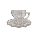 Clear glass teacup and saucer set on a white background