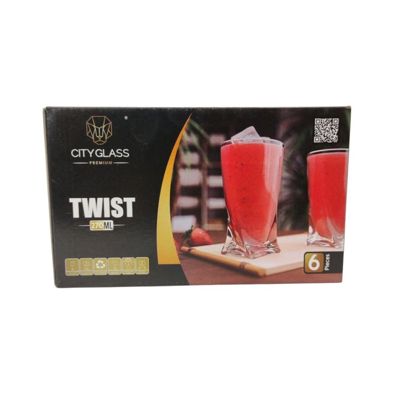 CityGlass Twist glass packaging with two glasses of red drink on a white background