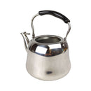 Stainless steel kettle with a black handle on a white background