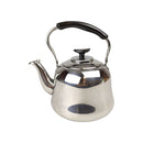 Stainless steel kettle with a black handle on a white background