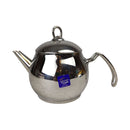 Stainless steel teapot with a brand label on a white background