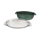 Green speckled casserole dish with clear glass lid on a white background