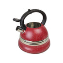 Red speckled kettle with a black handle on a white background