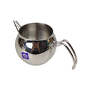 Stainless steel kettle with a handle on a white background