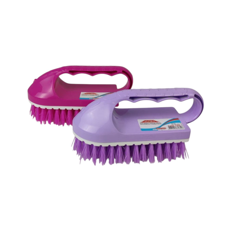 Two purple cleaning brushes with handles on a white background