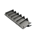 Gray metal shelf with multiple tiers on a white background