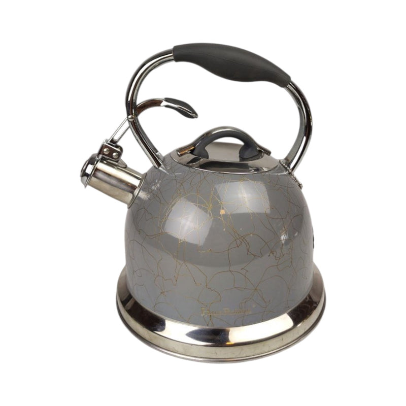 Gray ceramic teakettle with a black handle on a white background