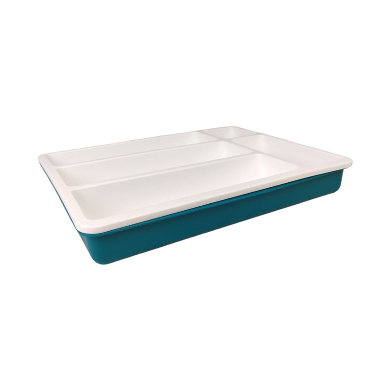 White tray with blue base on a white background