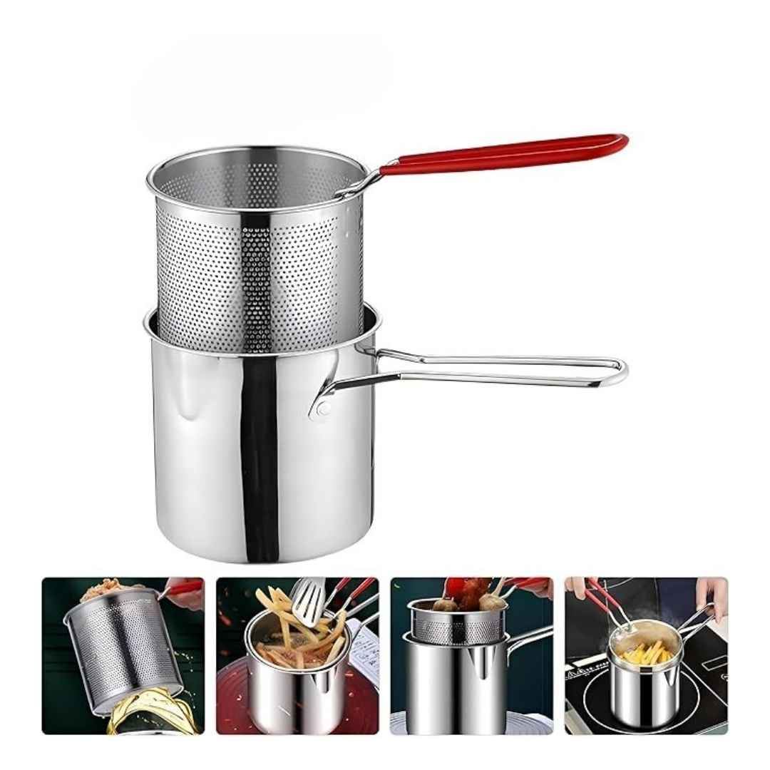 Stainless steel strainer with red handle on a white background