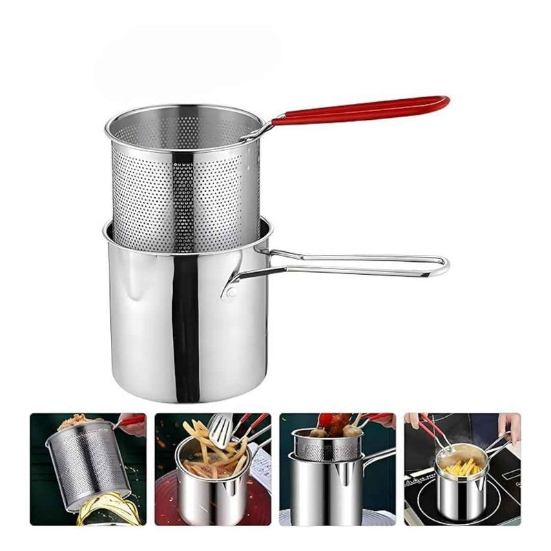 Stainless steel strainer with red handle on a white background