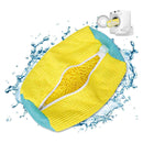 Yellow microfiber cleaning pad with blue border on a white background with water splashes.