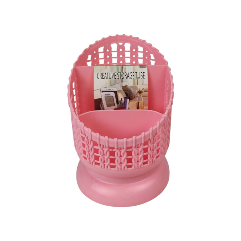 Pink storage tube with woven design on a white background