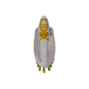 Toy rocket with a white body, yellow fins, and green base on a white background