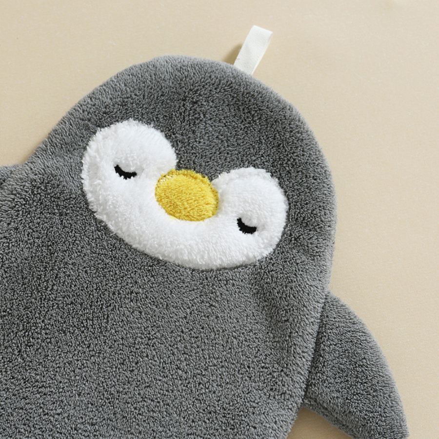 Close-Up of Gray Penguin-Shaped Bath or Cleaning Mitt With Embroidered Face and Hanging Loop – Cupindy