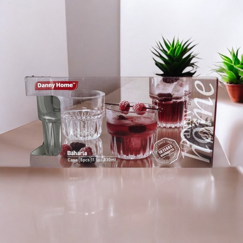 Danny Home Baharla Glass Tumbler Set – 6 Pieces – 330ml – Transparent Ribbed Glass Cups in Packaging