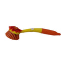 Cleaning brush with red bristles and a yellow handle on a white background