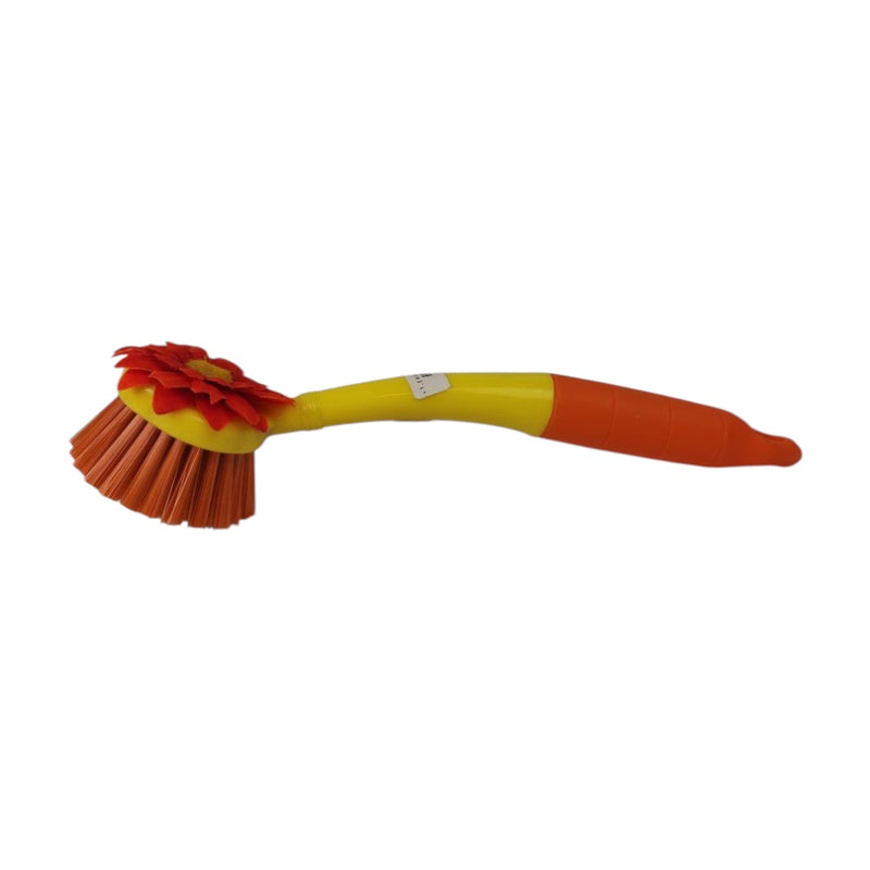 Cleaning brush with red bristles and a yellow handle on a white background