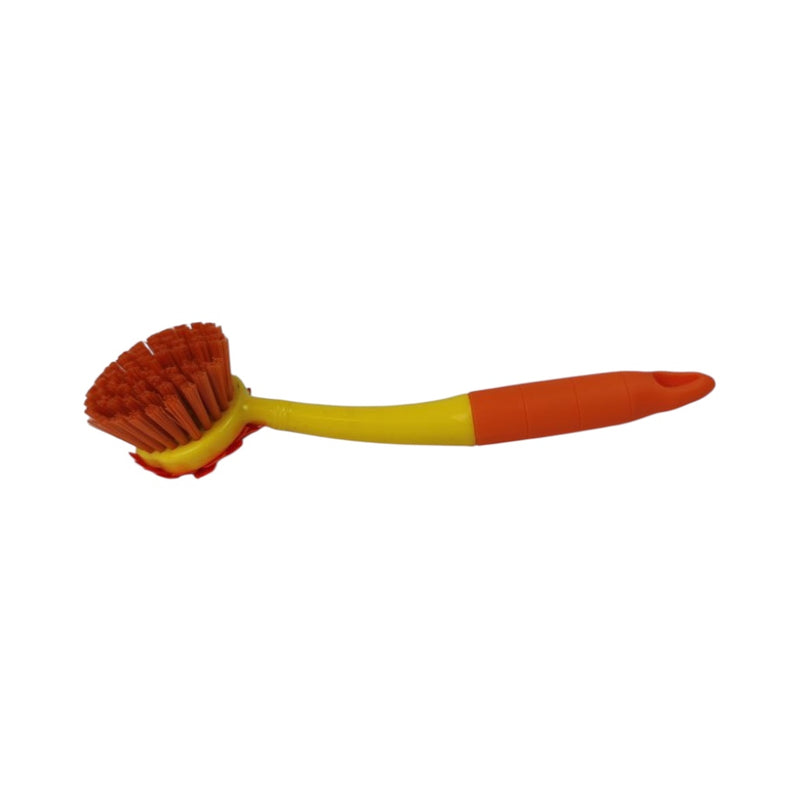 Cleaning brush with red bristle head and orange handle on a white background