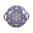 Decorative plate with blue and yellow pattern on a white background