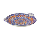 Decorative plate with a blue and orange mandala pattern on a white background