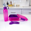 Pink and purple lunch box set with bottle and utensils on a kitchen counter