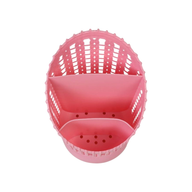 Pink plastic basket with textured surface on a white background