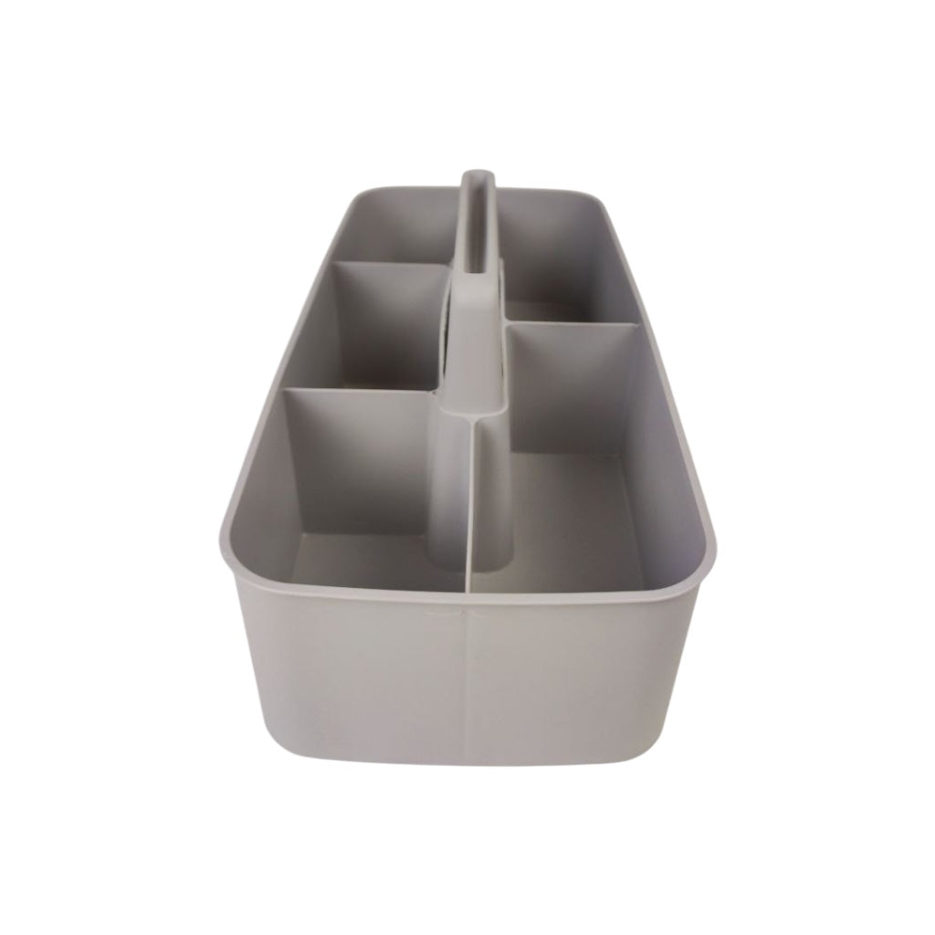 Gray storage caddy with multiple compartments on a white background