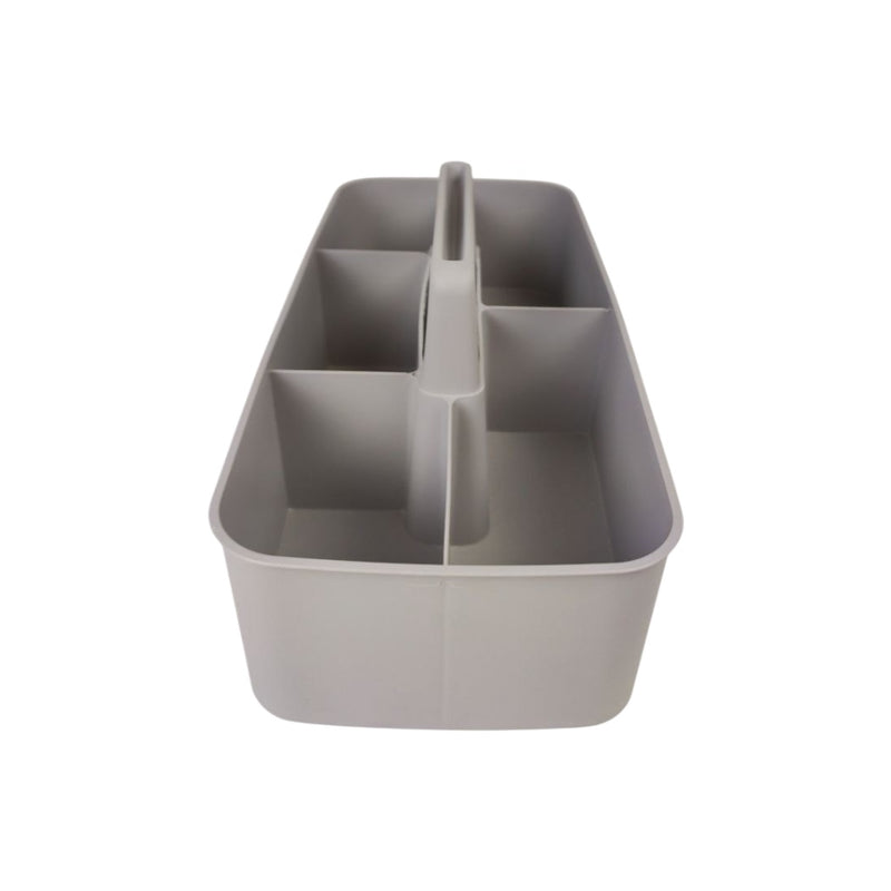 Gray storage caddy with multiple compartments on a white background
