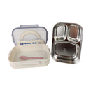 Set of lunch containers including a beige box with a lid, a pink spoon, and a stainless steel compartmentalized lid on a white background.