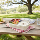 Lunch box with compartments on a picnic table outdoors