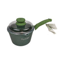 Green cooking pot with lid and handle on a white background