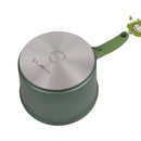 Green camping pot with a silver lid on a white background
