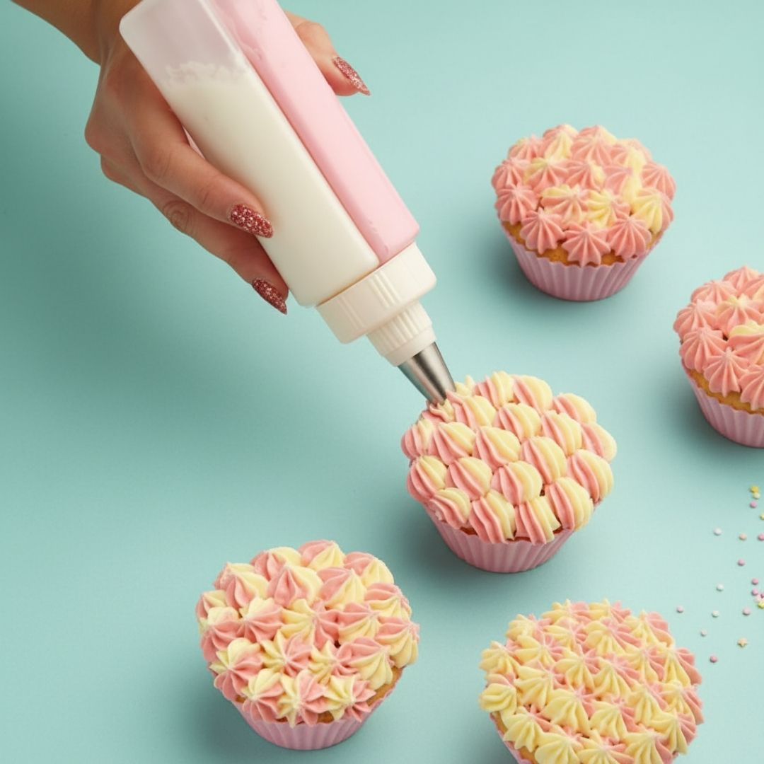Hand using a piping bag to decorate cupcakes with pink and yellow frosting on a light blue background.