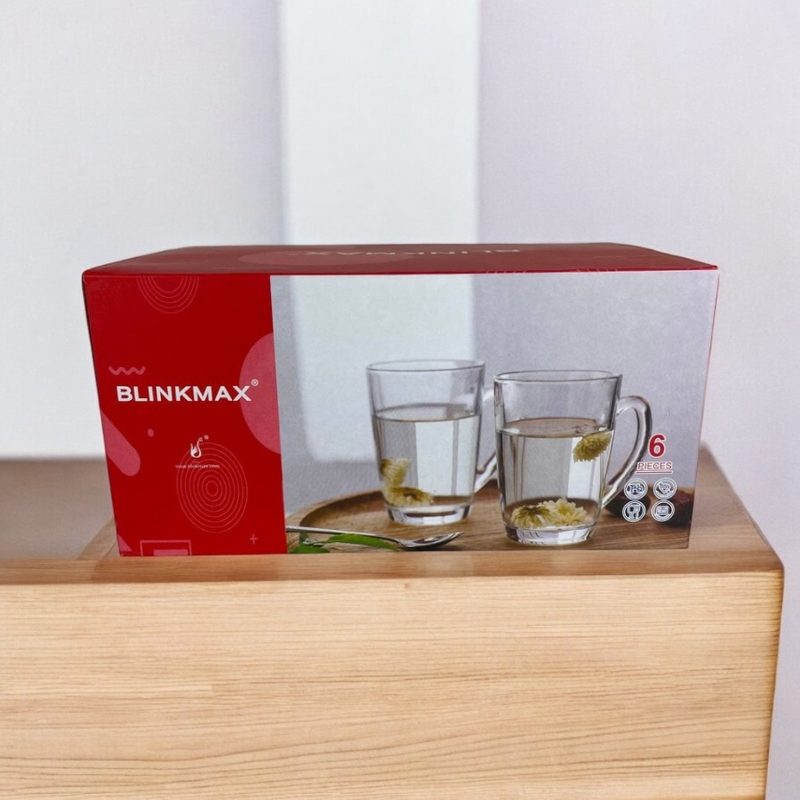 Blinkmax 210ml Glass Mug Set Of 6 - Tall Slim Shape With Ergonomic Handle