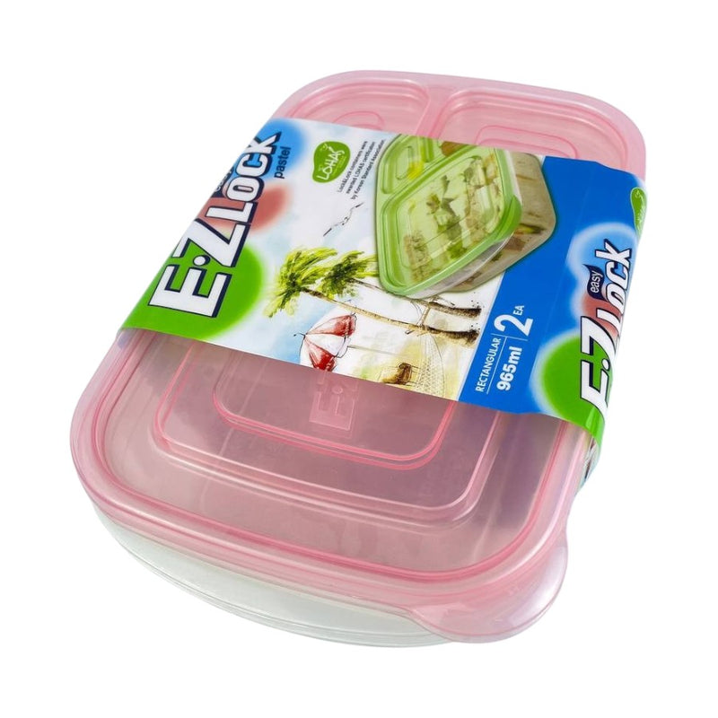 Angled view of two E-Z Lock pastel containers with pink lids, 965ml each, ideal for storing meals and snacks | Cupindy
